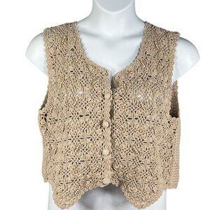 Hunt Club Womans 16W Crochet Beaded Knit Beige Button-Up Vest Cottagecore Top